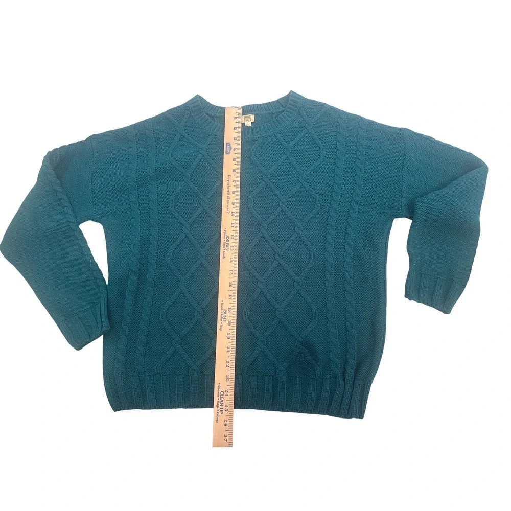 True Craft Womens Teal Cable Knit Crew Neck Pullover Sweater Size XL Relaxed Fit